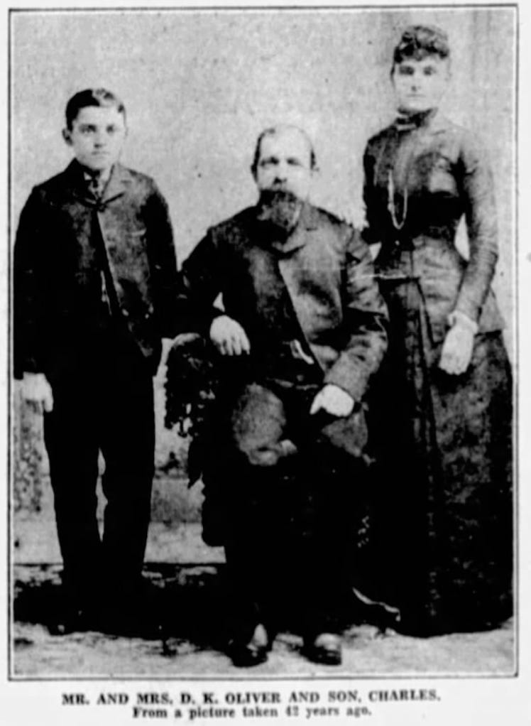 Family portrait of Daniel K. Oliver, Amanda Oliver and their son Charles Wallace Oliver. Taken in 1889/